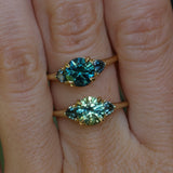 1.50ct Round Parti Yellow Blue Precision Cut Montana Sapphire and Trillion Sapphire Low Profile Three Stone Ring in 18k Yellow Gold