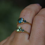 1.82ct Round Teal Precision Cut Montana Sapphire and Trillion Sapphire Low Profile Three Stone Ring in 18k Yellow Gold