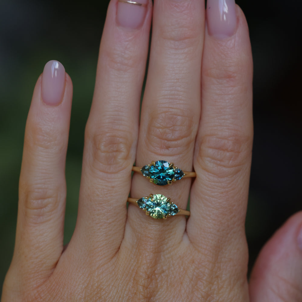 1.82ct Round Teal Precision Cut Montana Sapphire and Trillion Sapphire Low Profile Three Stone Ring in 18k Yellow Gold