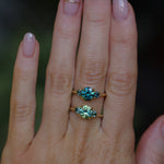 1.82ct Round Teal Precision Cut Montana Sapphire and Trillion Sapphire Low Profile Three Stone Ring in 18k Yellow Gold