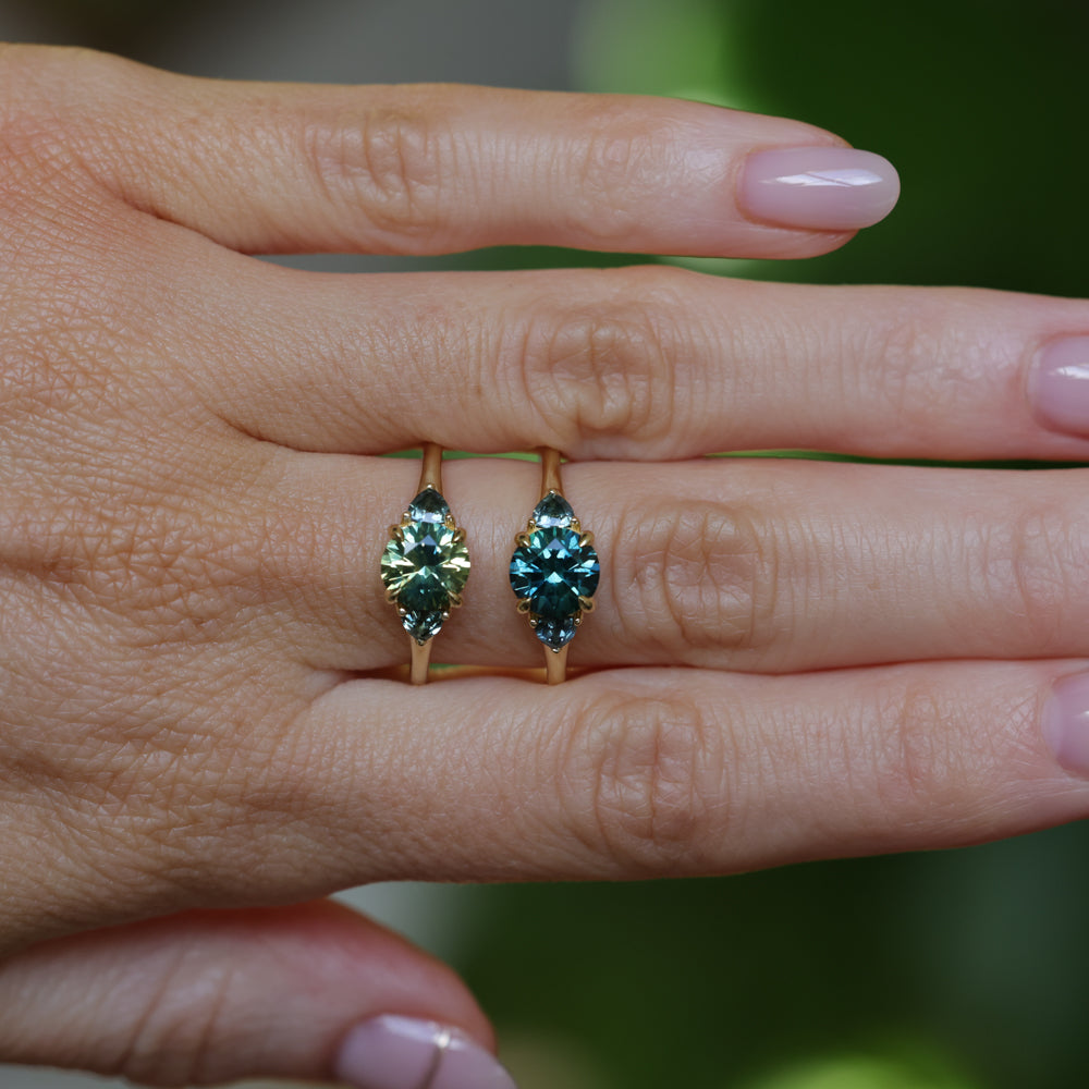 1.82ct Round Teal Precision Cut Montana Sapphire and Trillion Sapphire Low Profile Three Stone Ring in 18k Yellow Gold