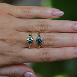 1.82ct Round Teal Precision Cut Montana Sapphire and Trillion Sapphire Low Profile Three Stone Ring in 18k Yellow Gold