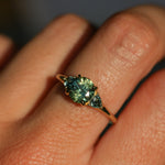 1.50ct Round Parti Yellow Blue Precision Cut Montana Sapphire and Trillion Sapphire Low Profile Three Stone Ring in 18k Yellow Gold