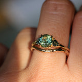 1.50ct Round Parti Yellow Blue Precision Cut Montana Sapphire and Trillion Sapphire Low Profile Three Stone Ring in 18k Yellow Gold
