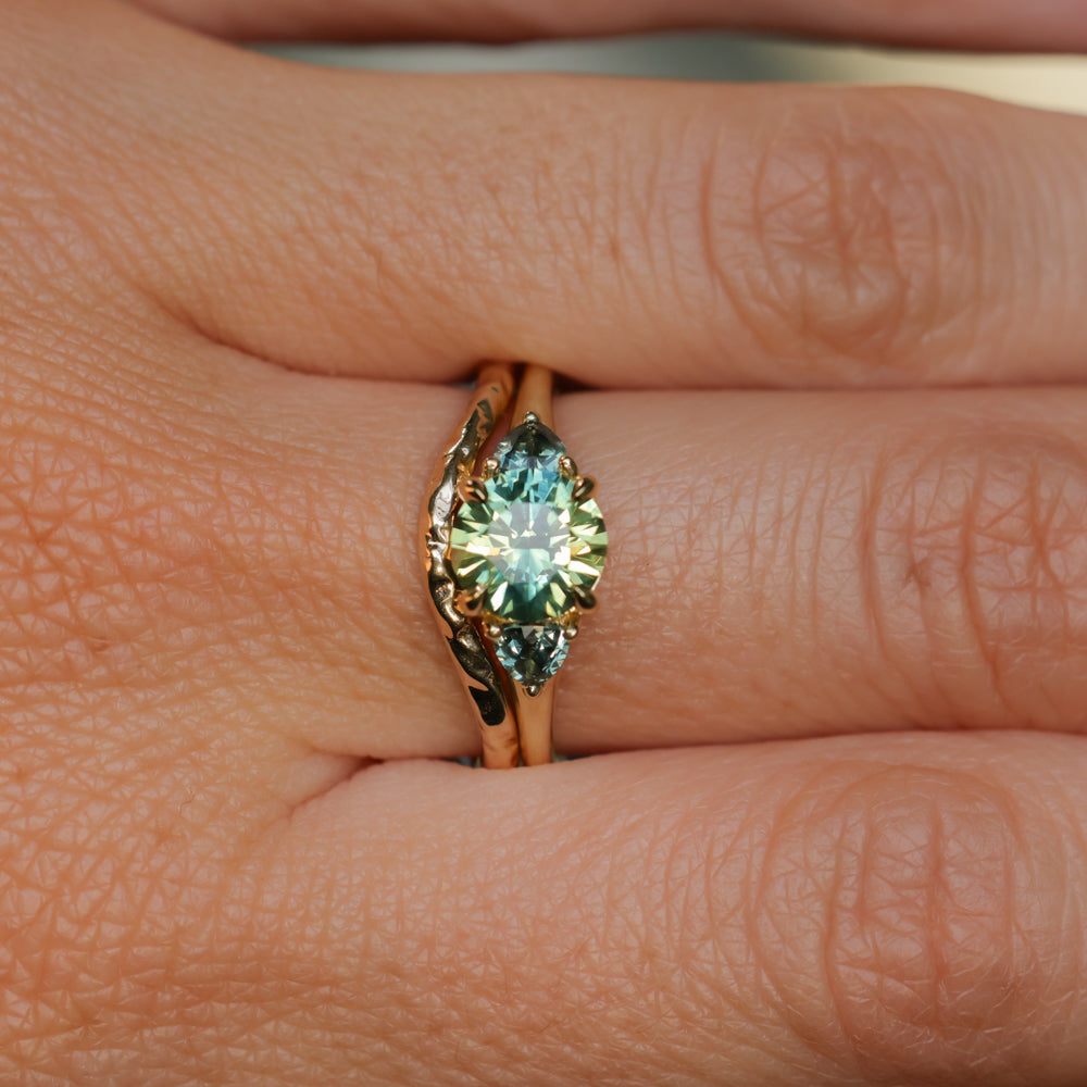 1.50ct Round Parti Yellow Blue Precision Cut Montana Sapphire and Trillion Sapphire Low Profile Three Stone Ring in 18k Yellow Gold