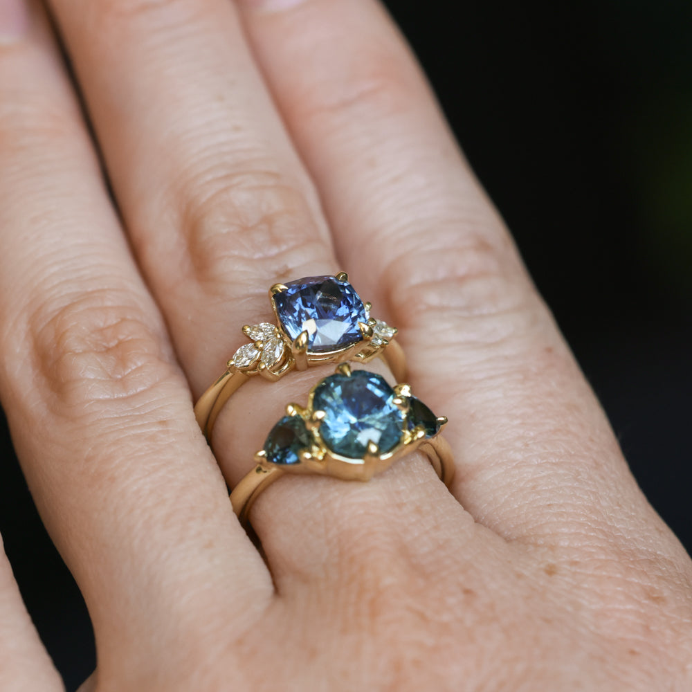 2.36ct Fancy Cushion Cut Montana Sapphire and Australian Sapphire Antique Compass Set Low Profile Ring in 18k Yellow Gold