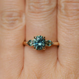1.51ct Oval Teal Blue Precision Cut Montana Sapphire and Pear Sapphire Low Profile Three Stone Ring in 14k Yellow Gold