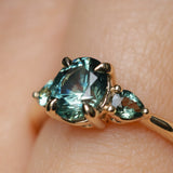1.51ct Oval Teal Blue Precision Cut Montana Sapphire and Pear Sapphire Low Profile Three Stone Ring in 14k Yellow Gold