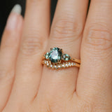 1.51ct Oval Teal Blue Precision Cut Montana Sapphire and Pear Sapphire Low Profile Three Stone Ring in 14k Yellow Gold