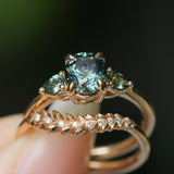 1.51ct Oval Teal Blue Precision Cut Montana Sapphire and Pear Sapphire Low Profile Three Stone Ring in 14k Yellow Gold