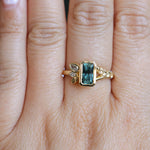 1.45ct Untreated Montana Sapphire Wandering Vine Low Profile Bezel Ring with Pear Diamond in 18k Yellow Gold
