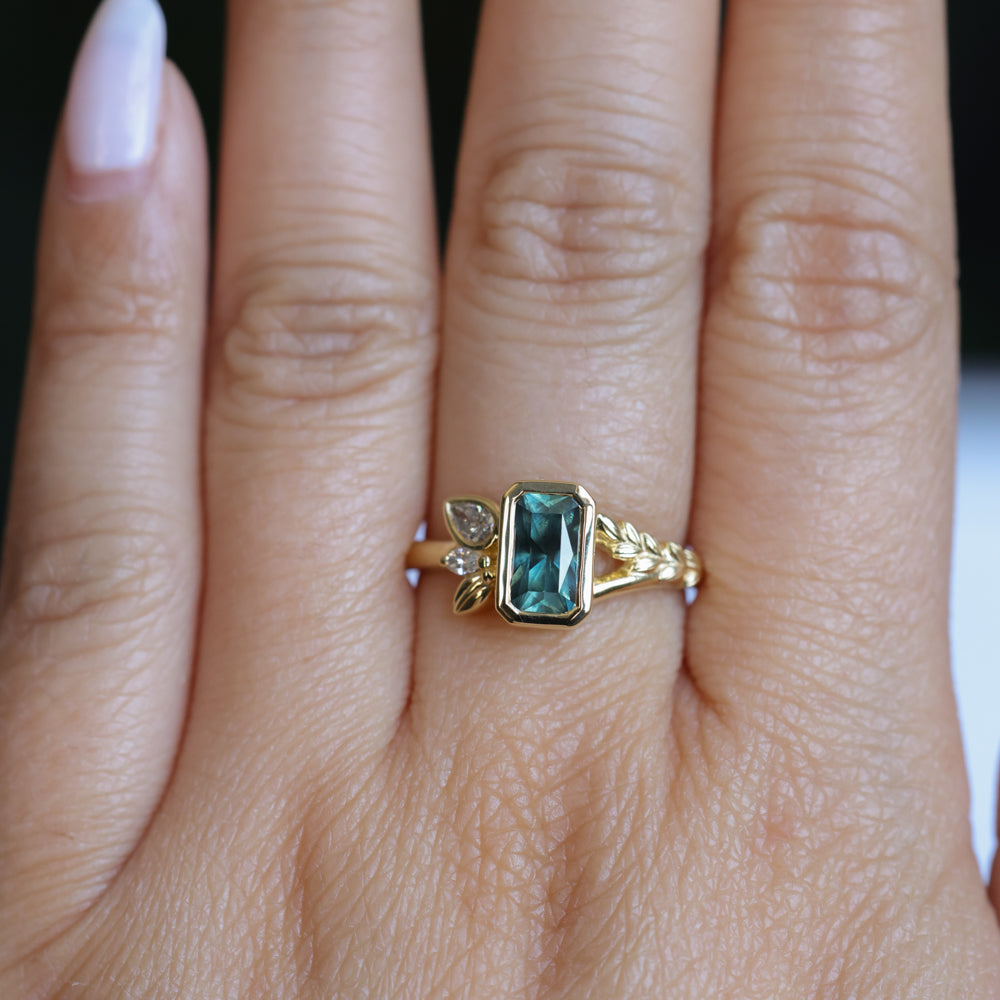 1.45ct Untreated Montana Sapphire Wandering Vine Low Profile Bezel Ring with Pear Diamond in 18k Yellow Gold