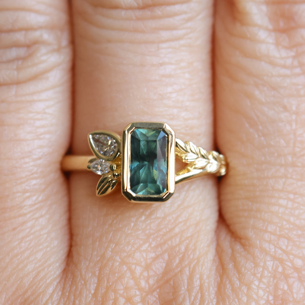 1.45ct Untreated Montana Sapphire Wandering Vine Low Profile Bezel Ring with Pear Diamond in 18k Yellow Gold