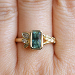 1.45ct Untreated Montana Sapphire Wandering Vine Low Profile Bezel Ring with Pear Diamond in 18k Yellow Gold