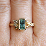 1.45ct Untreated Montana Sapphire Wandering Vine Low Profile Bezel Ring with Pear Diamond in 18k Yellow Gold
