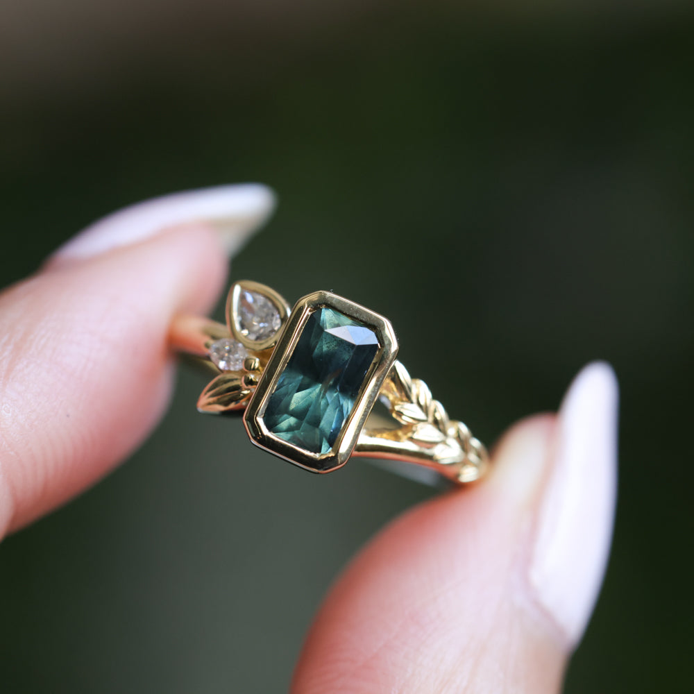 1.45ct Untreated Montana Sapphire Wandering Vine Low Profile Bezel Ring with Pear Diamond in 18k Yellow Gold