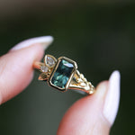 1.45ct Untreated Montana Sapphire Wandering Vine Low Profile Bezel Ring with Pear Diamond in 18k Yellow Gold
