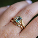 1.45ct Untreated Montana Sapphire Wandering Vine Low Profile Bezel Ring with Pear Diamond in 18k Yellow Gold