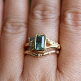 1.45ct Untreated Montana Sapphire Wandering Vine Low Profile Bezel Ring with Pear Diamond in 18k Yellow Gold