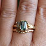1.45ct Untreated Montana Sapphire Wandering Vine Low Profile Bezel Ring with Pear Diamond in 18k Yellow Gold