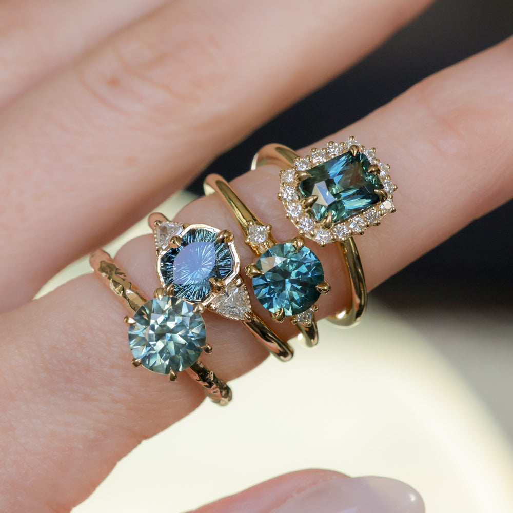 2.10ct Round Parti Blue Montana Sapphire Six Prong Evergreen Carved Solitaire in 14k Yellow Gold