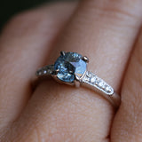 1.21ct Double Cut Montana Sapphire Four Prong Low Profile Vintage Style Milgrain and Diamond Ring in 14k White Gold