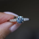 1.21ct Double Cut Montana Sapphire Four Prong Low Profile Vintage Style Milgrain and Diamond Ring in 14k White Gold