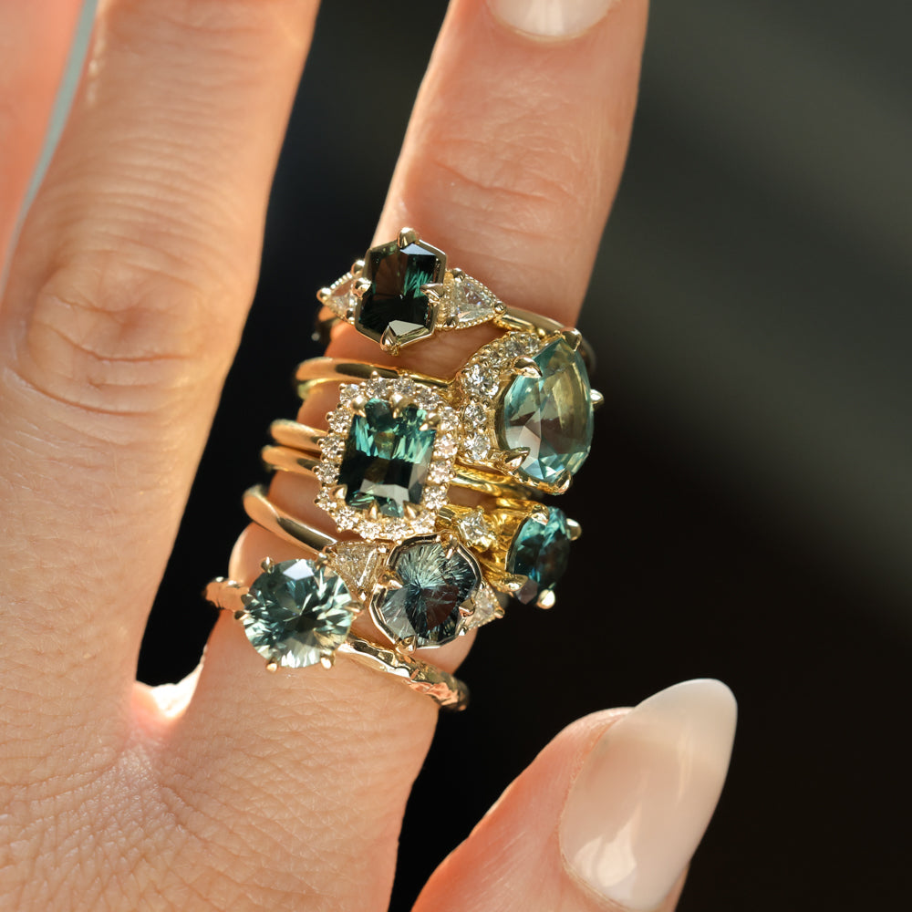 2.10ct Round Parti Blue Montana Sapphire Six Prong Evergreen Carved Solitaire in 14k Yellow Gold