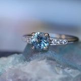 1.21ct Double Cut Montana Sapphire Four Prong Low Profile Vintage Style Milgrain and Diamond Ring in 14k White Gold