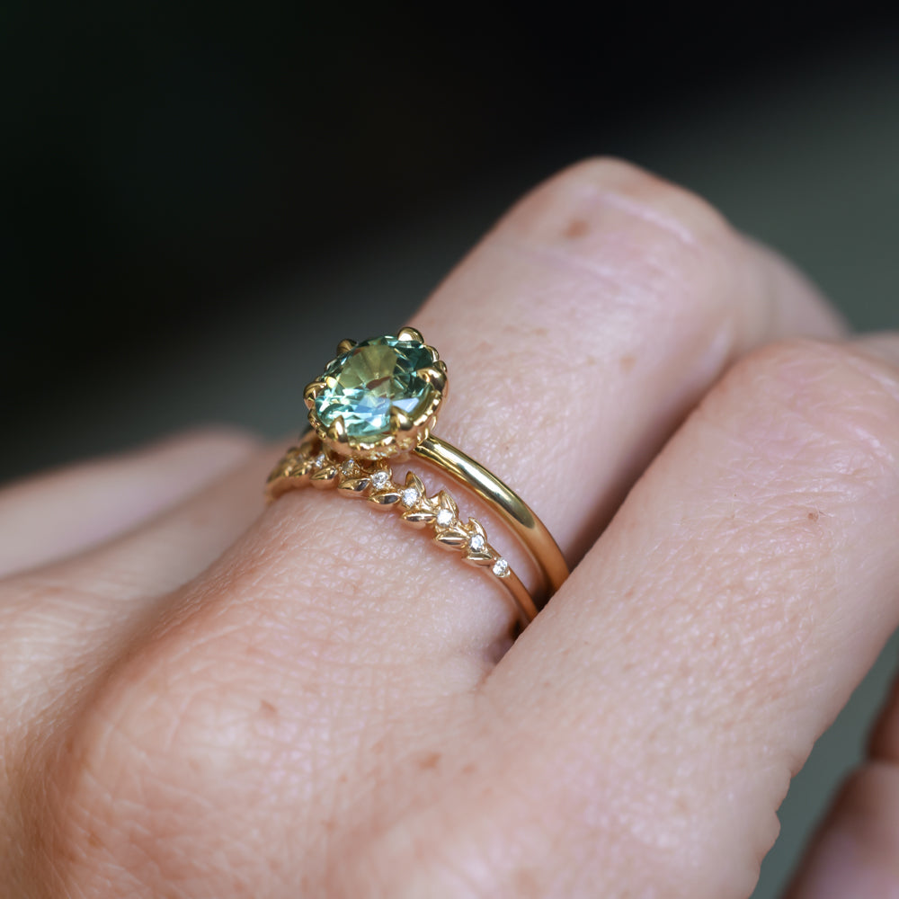 1.93ct Oval Silky Teal Montana Sapphire Scallop Cup Solitaire in 18k Yellow Gold