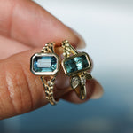 1.45ct Untreated Montana Sapphire Wandering Vine Low Profile Bezel Ring with Pear Diamond in 18k Yellow Gold