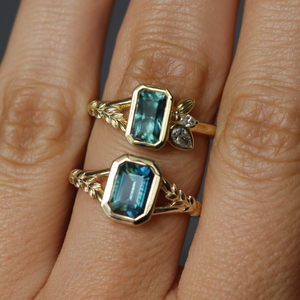1.45ct Untreated Montana Sapphire Wandering Vine Low Profile Bezel Ring with Pear Diamond in 18k Yellow Gold