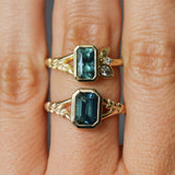 1.45ct Untreated Montana Sapphire Wandering Vine Low Profile Bezel Ring with Pear Diamond in 18k Yellow Gold