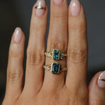 1.45ct Untreated Montana Sapphire Wandering Vine Low Profile Bezel Ring with Pear Diamond in 18k Yellow Gold