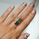 1.45ct Untreated Montana Sapphire Wandering Vine Low Profile Bezel Ring with Pear Diamond in 18k Yellow Gold