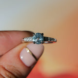 1.21ct Double Cut Montana Sapphire Four Prong Low Profile Vintage Style Milgrain and Diamond Ring in 14k White Gold