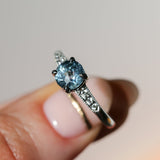 1.21ct Double Cut Montana Sapphire Four Prong Low Profile Vintage Style Milgrain and Diamond Ring in 14k White Gold