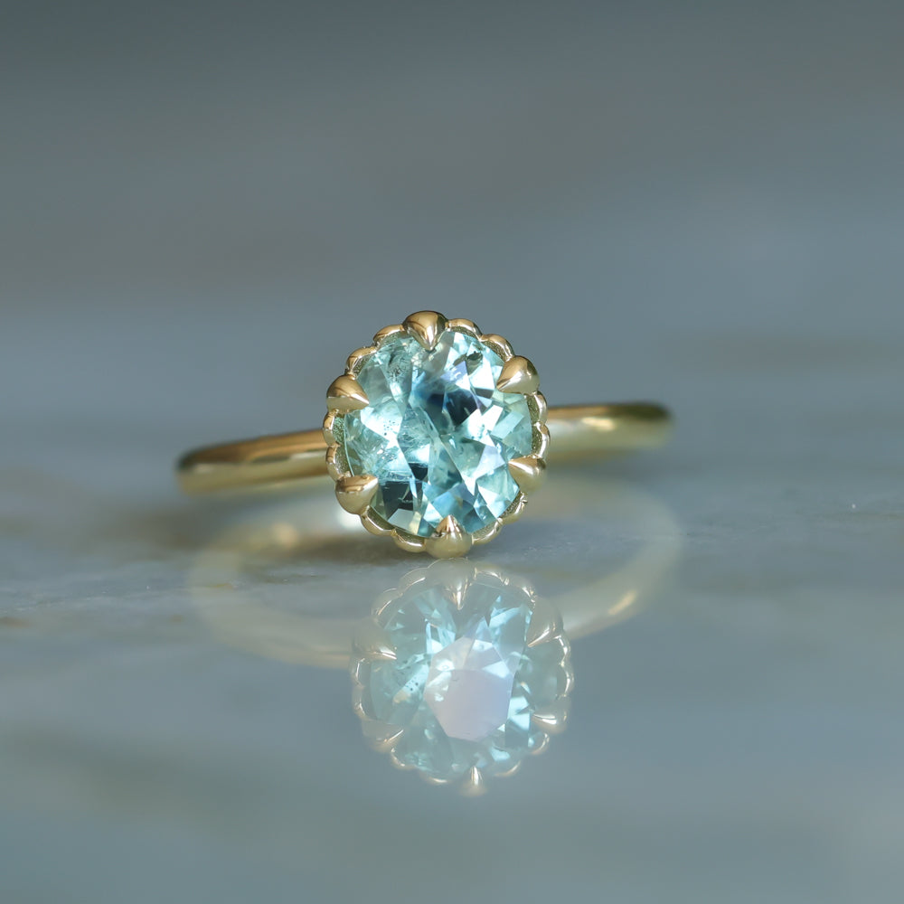 1.93ct Oval Silky Teal Montana Sapphire Scallop Cup Solitaire in 18k Yellow Gold