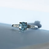 1.21ct Double Cut Montana Sapphire Four Prong Low Profile Vintage Style Milgrain and Diamond Ring in 14k White Gold