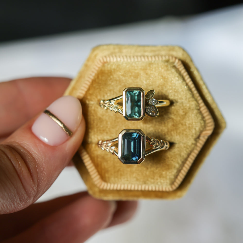 1.45ct Untreated Montana Sapphire Wandering Vine Low Profile Bezel Ring with Pear Diamond in 18k Yellow Gold