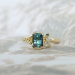 1.45ct Untreated Montana Sapphire Wandering Vine Low Profile Bezel Ring with Pear Diamond in 18k Yellow Gold