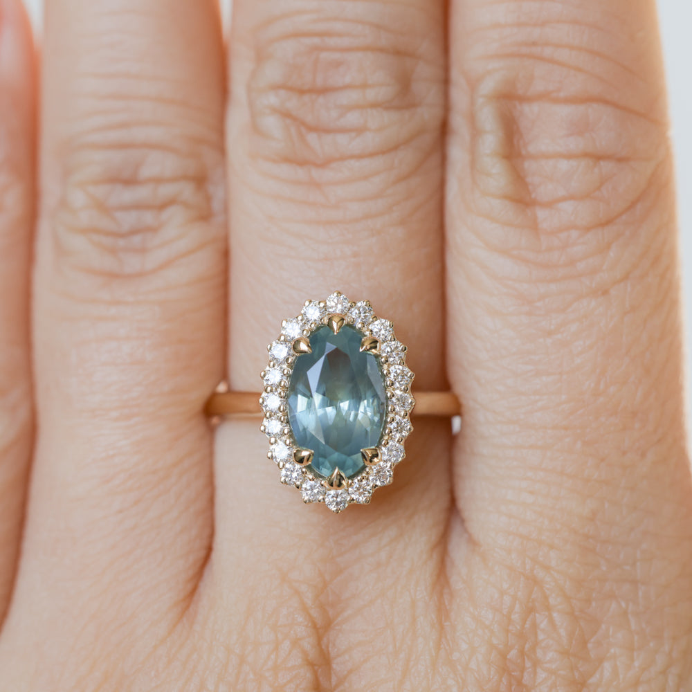 2.54ct Untreated Montana Sapphire Antique-Style Low Profile Diamond Halo Ring in 14k Yellow Gold- Appraised Stone