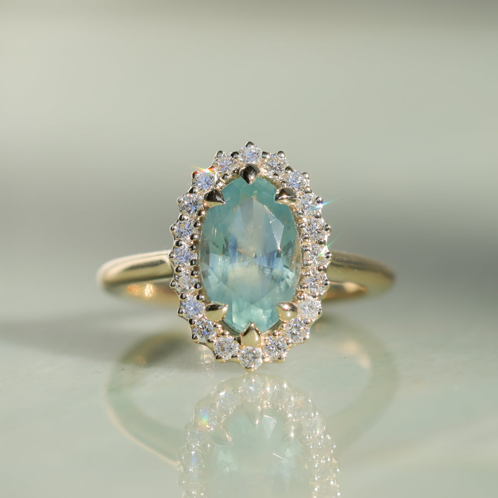 2.54ct Untreated Montana Sapphire Antique-Style Low Profile Diamond Halo Ring in 14k Yellow Gold- Appraised Stone