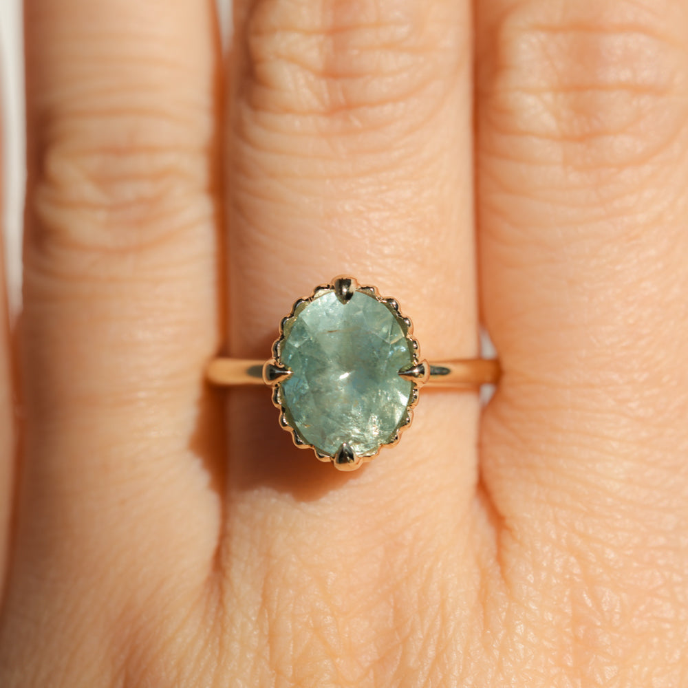 3.93ct Untreated Oval Seafoam Montana Sapphire Scallop Cup Solitaire in 14k Yellow Gold