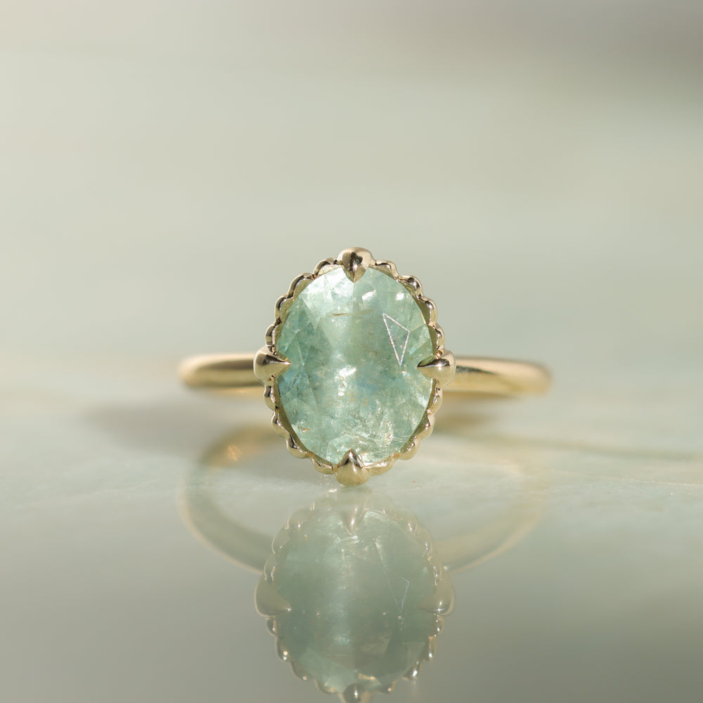 3.93ct Untreated Oval Seafoam Montana Sapphire Scallop Cup Solitaire in 14k Yellow Gold