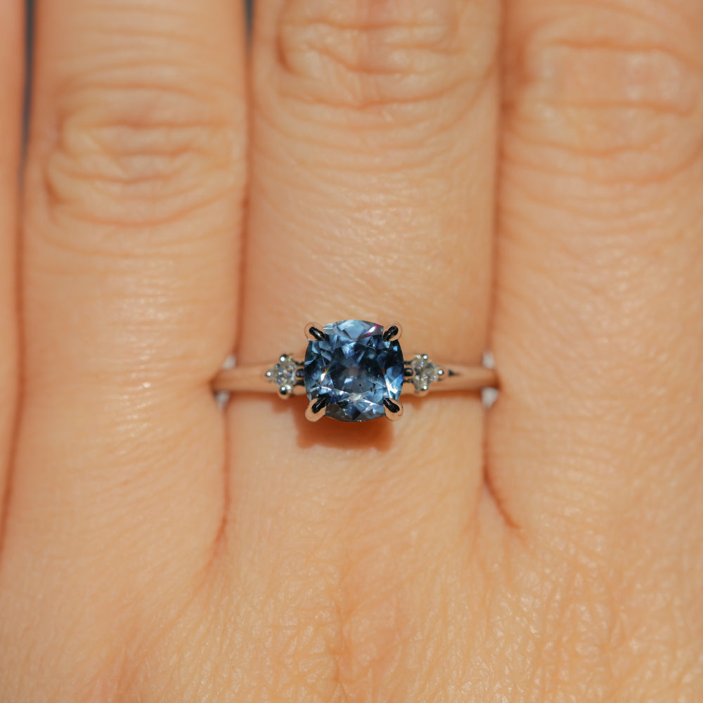 1.66ct Untreated Old Mine Cut Montana Sapphire and Princess Cut Diamond Rapids Low Profile Ring in 14k White Gold