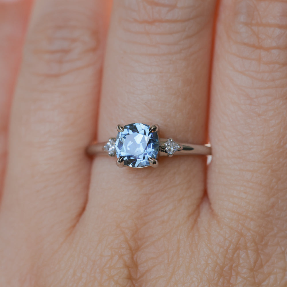 1.66ct Untreated Old Mine Cut Montana Sapphire and Princess Cut Diamond Rapids Low Profile Ring in 14k White Gold