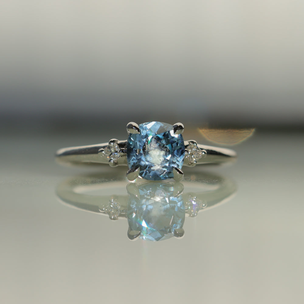 1.66ct Untreated Old Mine Cut Montana Sapphire and Princess Cut Diamond Rapids Low Profile Ring in 14k White Gold