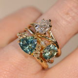 2.17ct Trillion Teal Blue Untreated Montana Sapphire and Antique Diamond Mountainscape Ring in 18k Yellow Gold