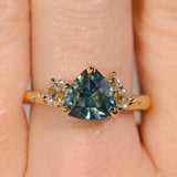 2.17ct Trillion Teal Blue Untreated Montana Sapphire and Antique Diamond Mountainscape Ring in 18k Yellow Gold